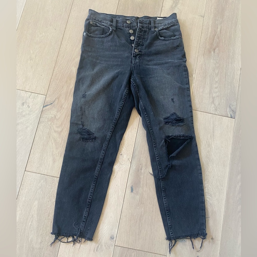 Free People High Rise Distressed Straight Leg Ankle Jean